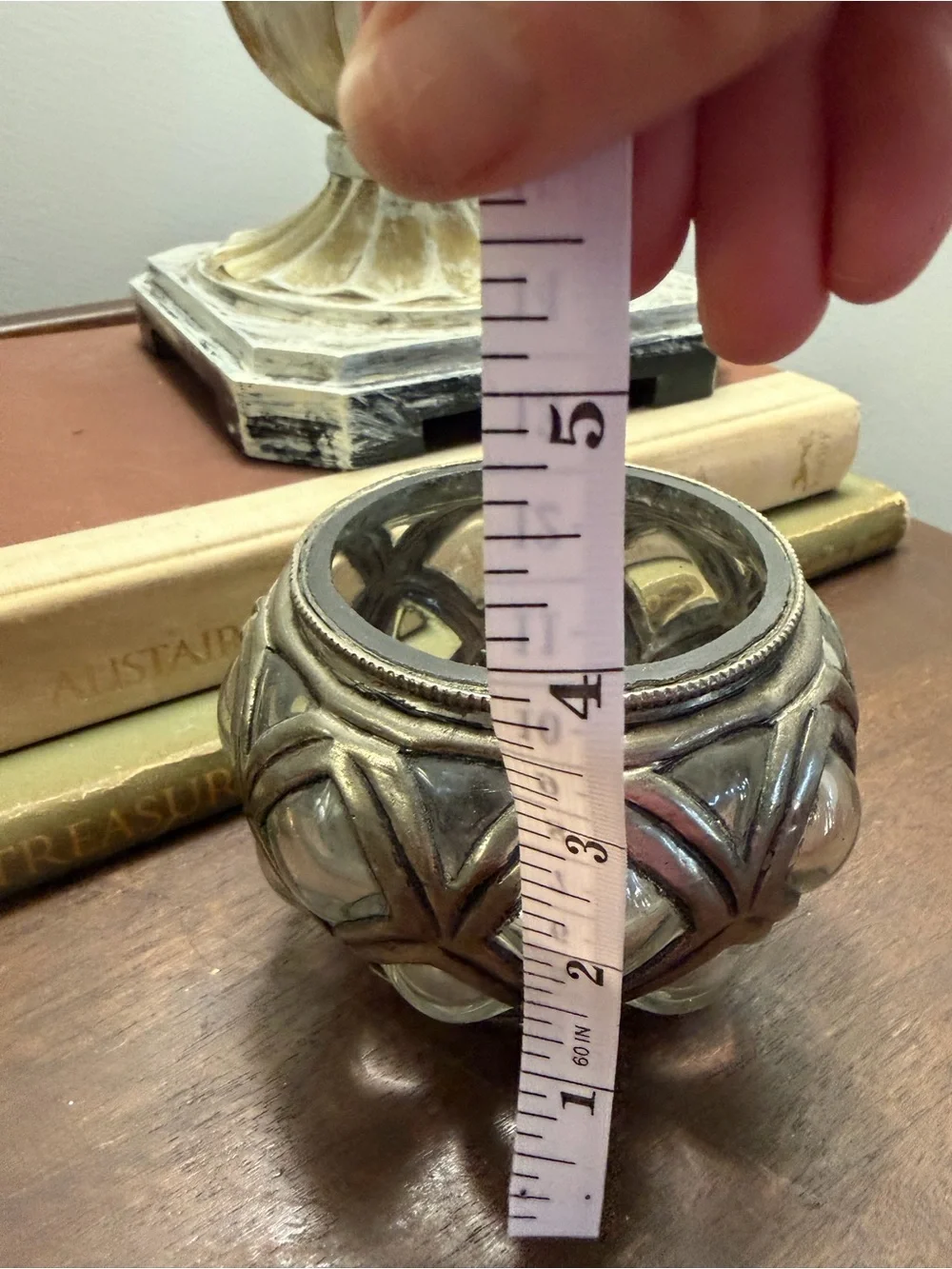Decorative blown Glass Votive with Antique Pewter Overlay EUC quiet luxury